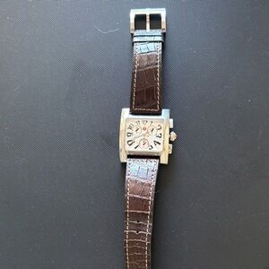 Michele watch . Silver Watch with Brown Leather Strap.